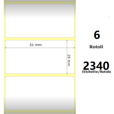 White 51x25mm, 2340 Et/Rotolo Z-2000D 2x1x1 Core, 6 Rolls