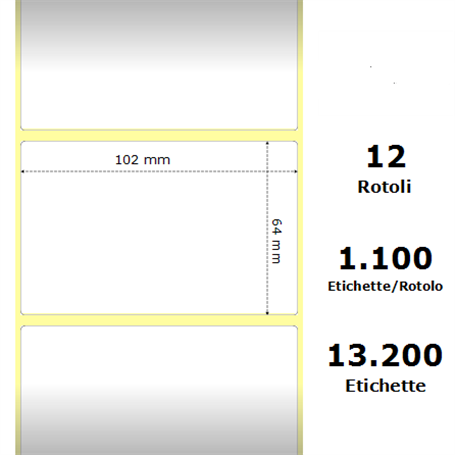 White 102x64mm, 1100 Et/Rotolo Z-2000D 4x2.5x1Core, 12 Rolls