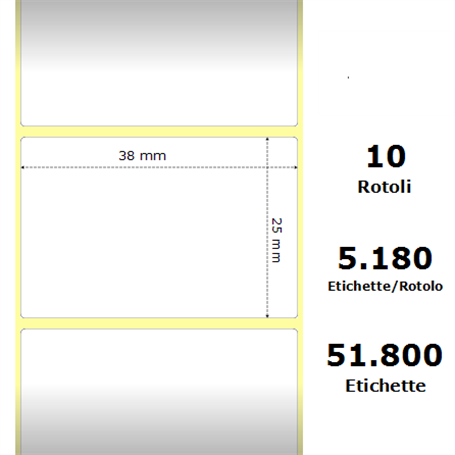 White 38x25mm, 5180 Et/Rotolo Z-2000D, 1.5x1x3 Core,10 Rolls