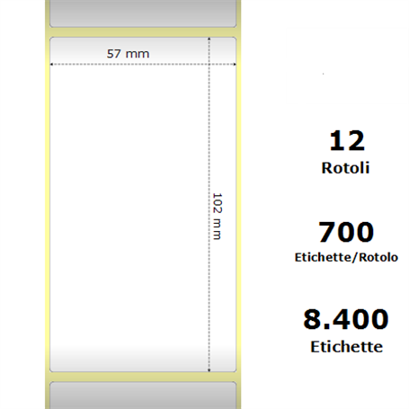 White 57x102mm,700 Et/Rotolo Z-2000D, 2.2x4x1Core, 12 Rolls