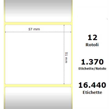 White 57x51mm,1370 Et/Rotolo Z-2000D, 2.2x2x1 Core, 12 Rolls