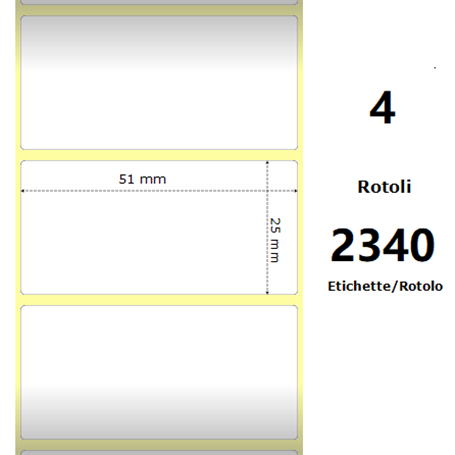 White 51x25mm,2340 Et/Rotolo Z-4000D, 2x1x1 Core, 4 Rolls