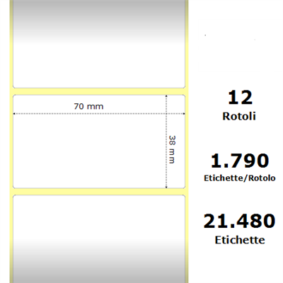 White 70x38mm,1790 Et/Rotolo Z-1000D,2.8x1.5x1Core ,12 Rolls