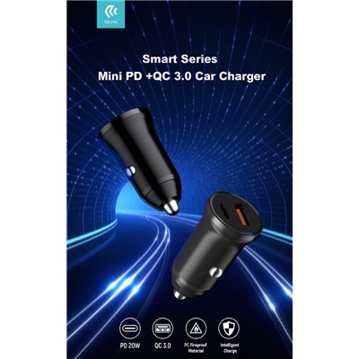 Carica Batterie Carica da Auto Super Rapido Slim PD+QC3 30W. 2 Out A+C Nero
