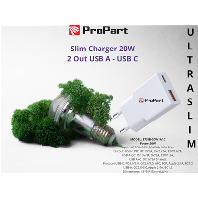 Carica Batterie Slim Carica Batterie 20W 2 Out USB A - USB C