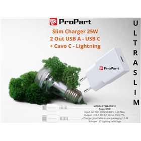 Carica Batterie Slim Carica Batterie + Cavo Tipo C Lightning 25W 1 Out USB C