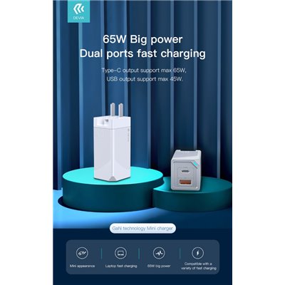 Carica Batterie Caricabatterie USB GaN Tech 65 Watt doppia uscita PD+QC4