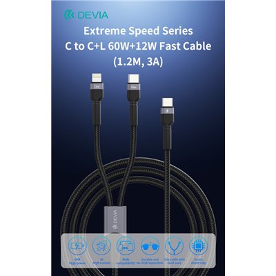 Cavi ConnettivitÃ  Cavo Carica rapida da C a C+L 60W+12W 1,2 Metri 3 Amper