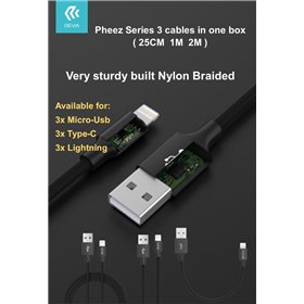 Cavi ConnettivitÃ  Pheez Set 3 Cavi 5 Volt 2,1A M-Usb 25cm - 1mt - 2mt Grigi