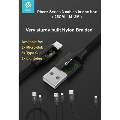 Cavi ConnettivitÃ  Pheez Set 3 Cavi 5 Volt 2,1A M-Usb 25cm - 1mt - 2mt Grigi