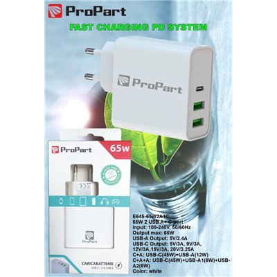 Carica Batterie Caricabatteria 65 Watt 3 Uscite USB 2xA 1xC Modello EK-PD-06