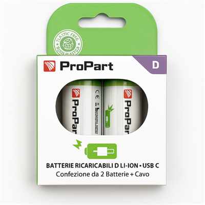 Batterie Ricaricabili USB‑C Batterie D Ricaricabili USB‑C 1.5V 4200mAh – Confezione da 2