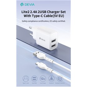 Carica Batterie Caricabatterie 2.4A 2 USB-A 5V 12 Watt Con Cavo Tipo-C Bianco