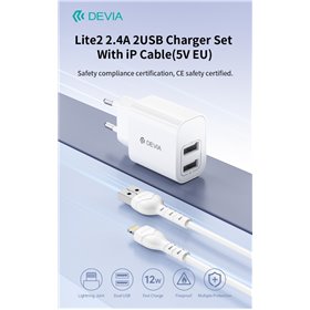 Carica Batterie Caricabatterie 2.4A 2 USB-A 5V 12 Watt Con Cavo Lightning Bianco