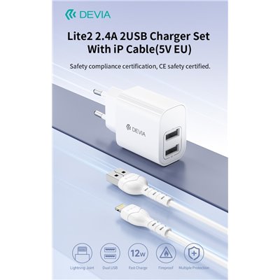 Carica Batterie Caricabatterie 2.4A 2 USB-A 5V 12 Watt Con Cavo Lightning Bianco