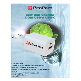 Carica Batterie QC GaN 33W PD 2 Output USB-A + USB-C