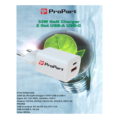 Carica Batterie QC GaN 33W PD 2 Output USB-A + USB-C