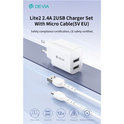 Caricabatterie 2.4A 2 USB-A 5V 12 Watt Con Cavo M-Usb Bianco
