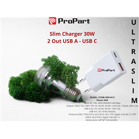 Slim Carica Batterie 30W 2 Out USB A - USB C
