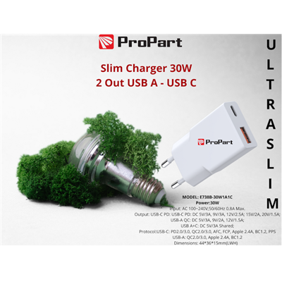 Slim Carica Batterie 30W 2 Out USB A - USB C