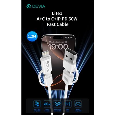 Cavo di Ricarica PD 60W USB-A + USB-C a USB-C + Lightning (1,2 m)
