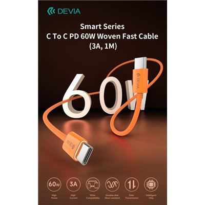 Cavo USB-C a USB-C Smart Series PD 60W Intrecciato Fast Charge (3A, 1m) Arancio