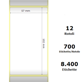 White 57x102mm,700 Et/Rotolo Z-2000D, 2.2x4x1Core,circonferenza 111mm 12 Rolls