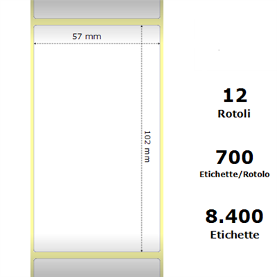 White 57x102mm,700 Et/Rotolo Z-2000D, 2.2x4x1Core,circonferenza 111mm 12 Rolls