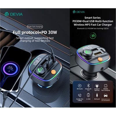 Vivavoce e Carica 30W per auto FM Bluetooth 5.3 con lettore Mp3 e Pendrive