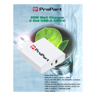 Carica Batterie 65W 2 Output USB-A + USB-C