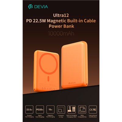 Power Bank Ultra12 10000mAh PD 22.5W Magnetico con Cavo Tipo-C Integrato Arancione