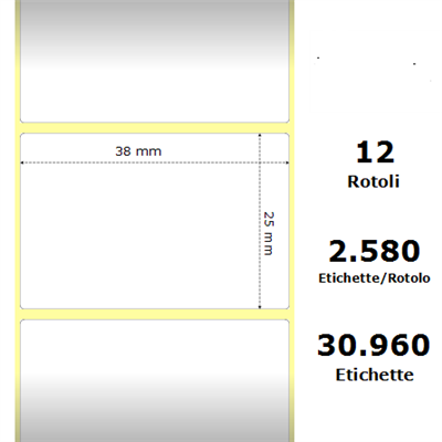 White 38x25mm, 2580 Et/Rotolo Z-1000D,1.5x1x1 Core ,12 Rolls