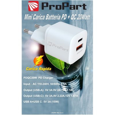Carica Batterie Carica Batteria Rapido Mini PD + QC 20W 2 Uscite Tipo-C - A