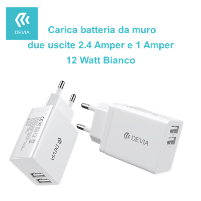 Carica Batterie Carica Batterie 2 Uscite 2.4 Amper e 1 Amper 12 Watt Bianco
