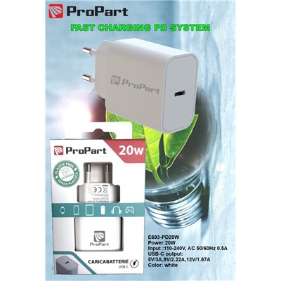 Carica Batterie Caricabatteria 20 Watt PD presa USB-C Modello E693-PD20W