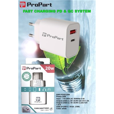 Carica Batterie Caricabatteria 20 Watt PDQC USB-C + A Modello E693-PDQC20W