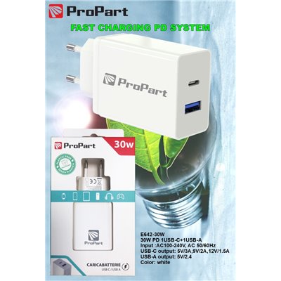 Carica Batterie Caricabatteria 30 Watt PD USB-C + A Modello E642-30W