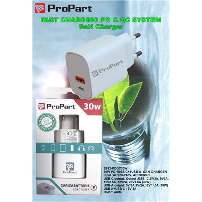 Carica Batterie Caricabatteria 30 Watt PDQC USB-C + A Modello E692-PDQC30W