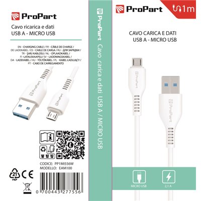 Cavi ConnettivitÃ  Cavo Carica e Dati Micro Usb 2.1 A. Lunghezza 1 metro Bianco