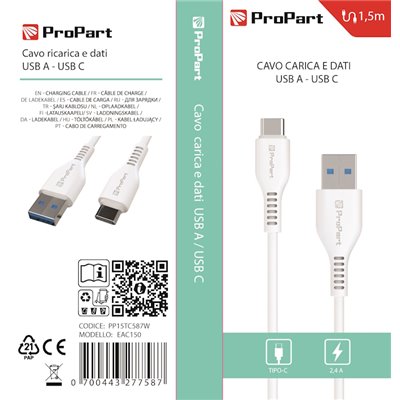 Cavi ConnettivitÃ  Cavo Carica e Dati Tipo-C 2.4 A. Lunghezza 1.5 metri Bianco