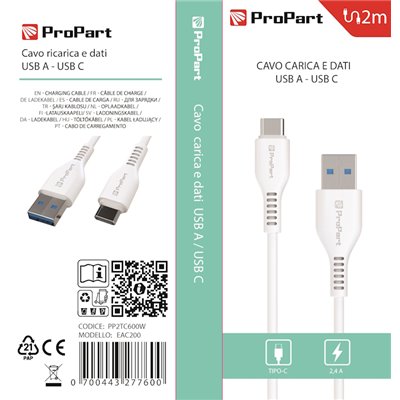 Cavi ConnettivitÃ  Cavo Carica e Dati Tipo-C 2.4 A. Lunghezza 2 metri Bianco
