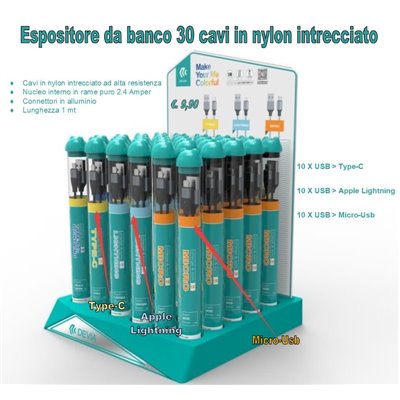 Kit & Espositori Espositore con 30 cavi 10 X Apple - Type-C - M-Usb