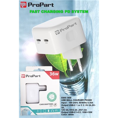 Carica Batterie Caricabatteria 36 Watt 2 Prese USB-C Modello E685-36W