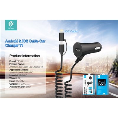 Carica Batterie Carica da Auto T1 con Cavo Android & Lightning + Uscita USB 