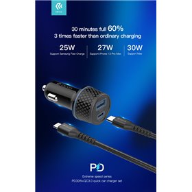 Carica Batterie Carica da Auto 2 uscite carica Rapida PD+QC 52.5 Watt + Cavo