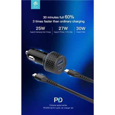 Carica Batterie Carica da Auto 2 uscite carica Rapida PD+QC 52.5 Watt + Cavo