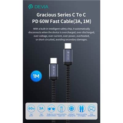 Cavi ConnettivitÃ  Cavo Devia da Tipo-C a Tipo-C PD 60W Alta velocita 1 Metro