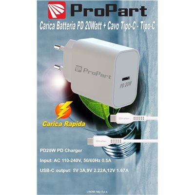 Carica Batterie + Cable Type-C to Type-C 3A  Rapid PD 20W battery charger 