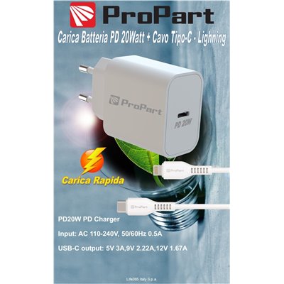 Carica Batterie + Cavo da Tipo-C a Lightning Carica batteria Rapido PD 20W 
