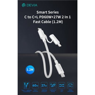 Cavi ConnettivitÃ  Cavo carica rapida da C a C + Lightning  PD 60W 3A 1,2 Metri Nero